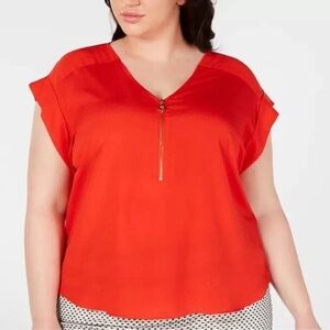 Calvin Klein Women's Bright Red Zip-Front V-Neck Blouse
